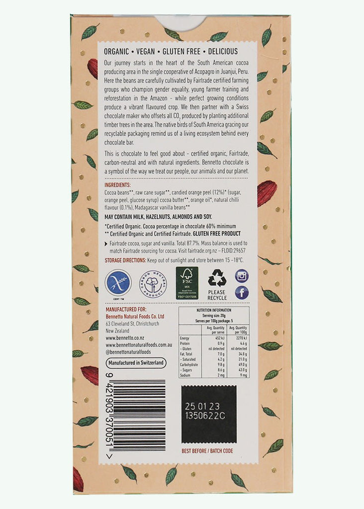 Dark Orange with Chilli Chocolate, 60% Cocoa, Organic Vegan 100g - Honest Paper - 2235723