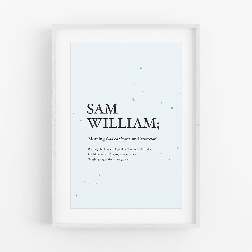 NEW Custom 'Baby Blue Twinkle' Name Meaning Print - Honest Paper - 31765